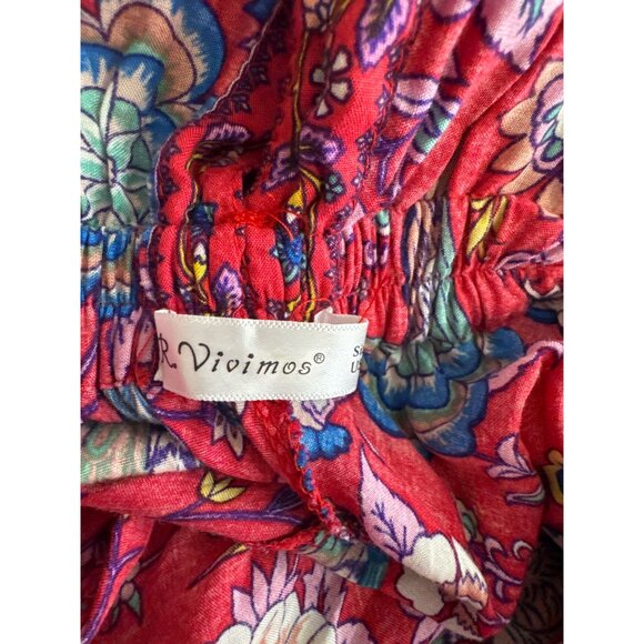 R Vivimos Bohemian Red Floral Maxi Dress womens Tassel Tie size meium - Picture 5 of 7